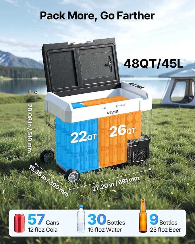 VEVOR Car Refrigerator, DC 12/24V AC100-240V Compressor Electric Cooler, -4°F to 68°F Truck Refrigerator with APP Control, Wheels & Dual Zone, 48 QT Cars Cooler for RVs, Boats, Camping, Fishing
