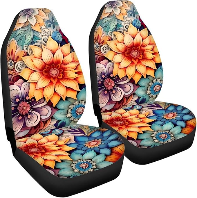 BIGCARJOB Blossoms Flower Car Seat Covers for Womens,Full Set of 2 Pcs Bohemian Floral Style Auto Front Seat Protector Durable Saddle Blanket Vehicle Seat Interior Accessories Cushion Pads