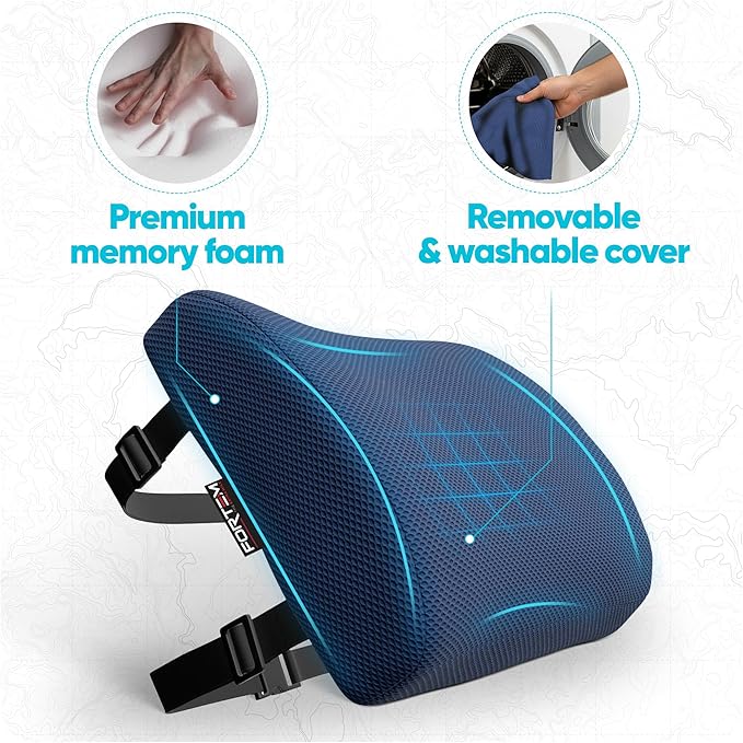 FORTEM Lumbar Support Pillow for Office Chair, Lumbar Support Pillow for Car, Back Rest for Gaming, Memory Foam Pillow, Desk Chair Cushion, Breathable & Washable Cover, Adjustable Straps