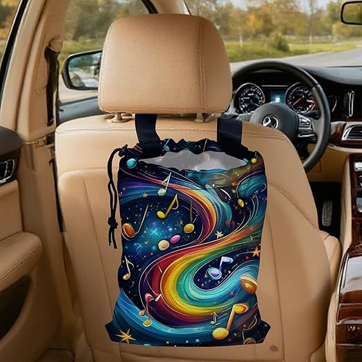 Colorful Music Notes Galaxy Car Garbage Bag, 5.1L Rectangular, Drawstring, Foldable, for Cars, Trucks, SUVs, RVs