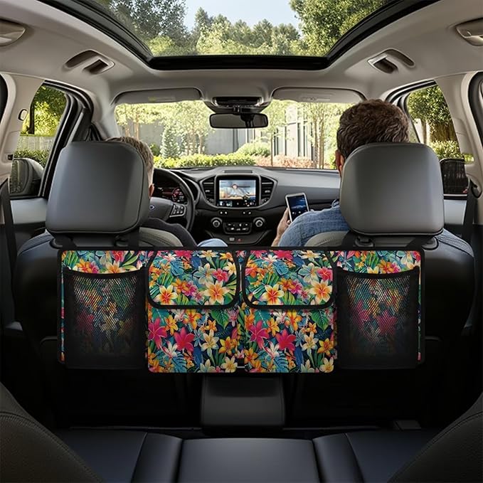 Colorful Tropical Flower Car Trunk Organizer, Large Capacity Auto Backseat Hanging Storage Bag with Adjustable Strap & 4 Pockets, Car Back Seat Cargo Bag, Car Interior Accessories
