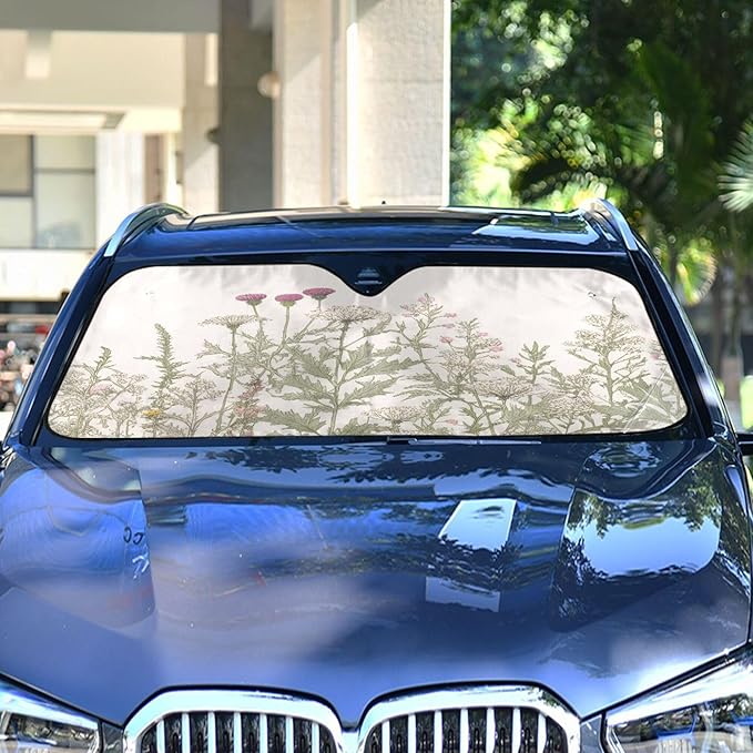 xigua Vintage Colorful Herbs Wild Flowers Floral Car Windshield Sunshade Foldable Front Window Sun Visor Protector for Car,SUV,Truck - Keep Vehicle Cool,55 x 27.6 Inch