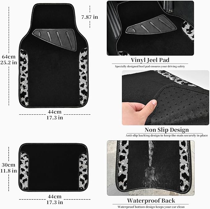 CAR PASS Bling Cow Car Mats Rhinestones Diamond Waterproof Floor Mat Crystal Sparkly Shining Glitter Carpet Anti-Slip PVC Heel Pad, Universal Fit Automotive SUV,Sedan,4pcs Girly Women, Cow Diamond