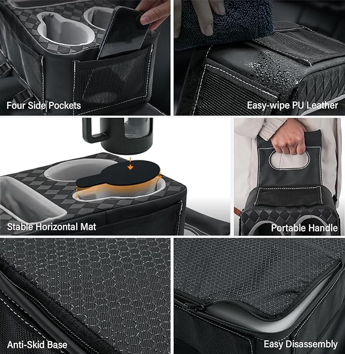 Center Console Cup Holder, Universal Car Armrest Storage Box with Bottle Holder & Tissue Slot & Side Pockets, Car Back Seat Truck Boat Couch Organizer PU Leather