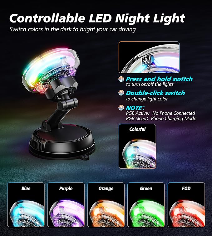 for Qi2 15W MagSafe Car Mount Charger with Cooling Fan, [Rapid Charging Cooler with RGB Lights], 78+LBS Stronger Suction Wireless Magnetic Mount on Vent/Dash/Windshield, for iPhone 17 16 15 14 13 12