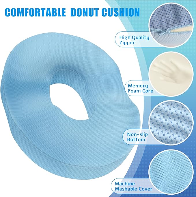 BlissTrends Donut Pillow Seat Cushion,Donut Chair Cushions for Postpartum Pregnancy & Hemorrhoids,Tailbone Pain Relief Cushion,Memory Foam Lifting Cushions for Office&Home Chairs (Light Blue)