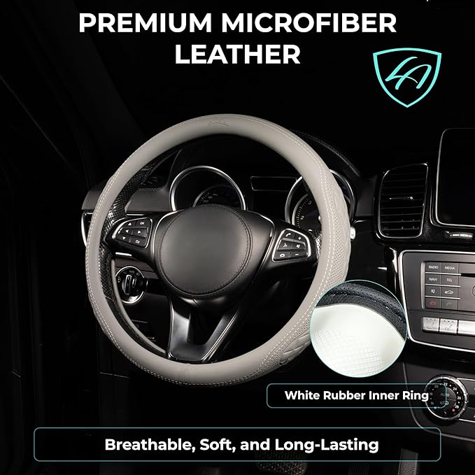 Lord Autofashion Steering Wheel Cover – PU Leather, Non-Slip Rubber Inner, All-Season Comfort – 14.5–15 Inch (Grey 9366)