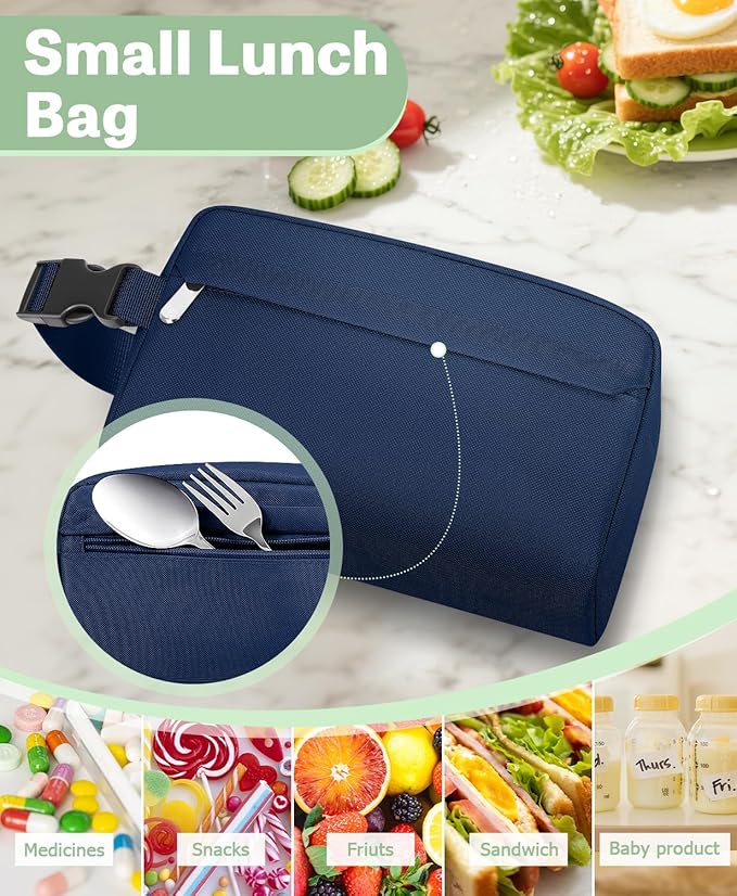 Small Insulated Snack Bag Lunch Bag for Kids Lunch Box for Women/Men, Collapsible [3L/5-Can] Reusable Lunch Bag Cooler Bag for Bottle with Handle Buckle for Work/School/Travel,Dark Blue