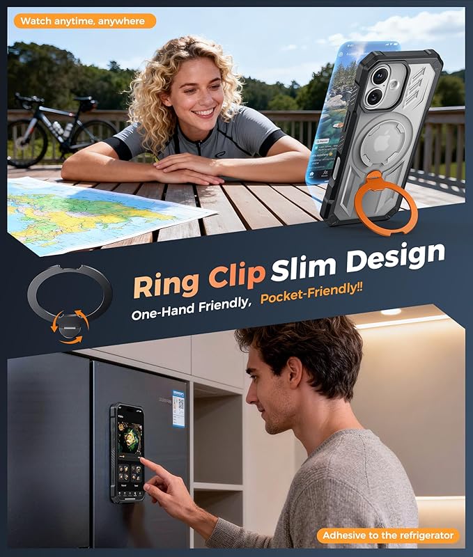 FNTCASE for iPhone 17 Phone Case: [360 Spin Magnetic Ring Kickstand] [Compatible for MagSafe] [Screen Protector] Heavy Duty Military Grade Protection Protective Phone Case with Stand Orange