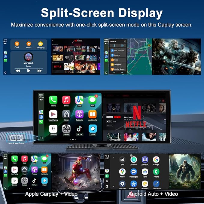 Upgraded 11" CarPlay Screen for Car, Built-in Net-Flix/YouTube/TikTok and Other Apps (No Mirroring Needed), Wireless Car Stereo for Apple Carplay & Android Auto with HD Backup Camera,OTA Updates