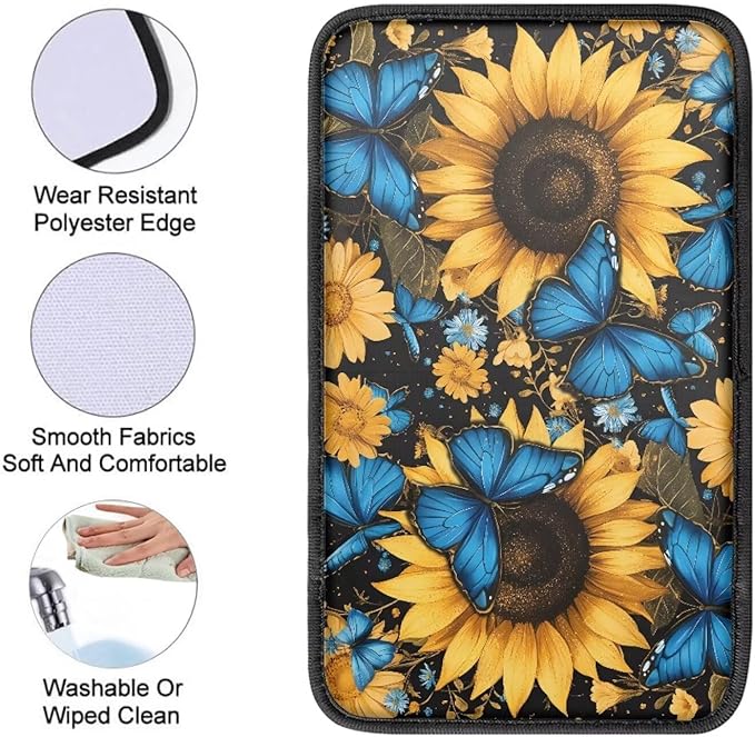 Dreaweet Car Center Console Cover Blue Butterfly Sunflower Print Arm Rest Cover for Car Women Universal Car Accessories Interior Soft Anti Scratch Car Armrest Storage Box Mat