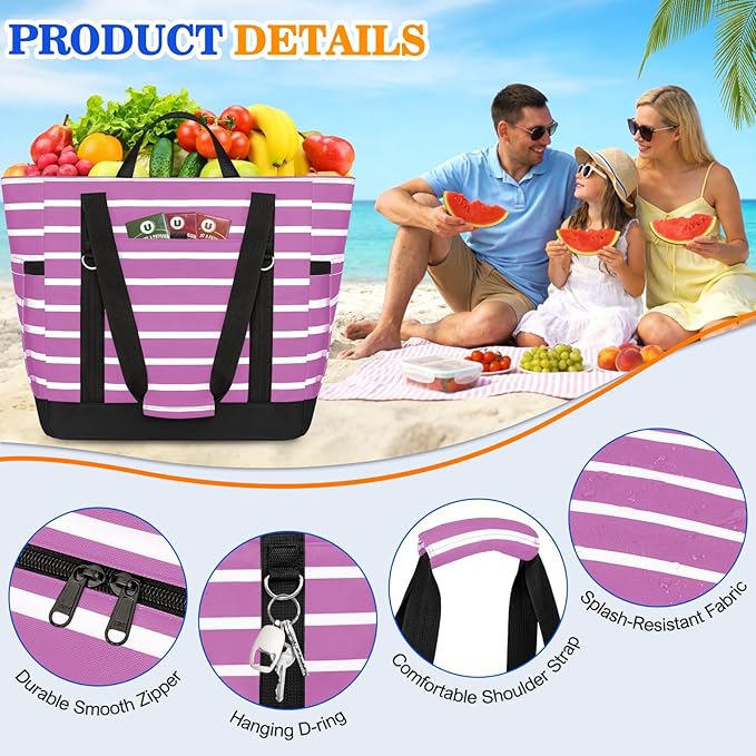 HUANLANG Soft Cooler Bag Insulated for Travel,Large Insulated Grocery Bags with Zippered Top,PEVA Collapsible Food Delivery Cooler Bag for Beach, Travel, Picnics