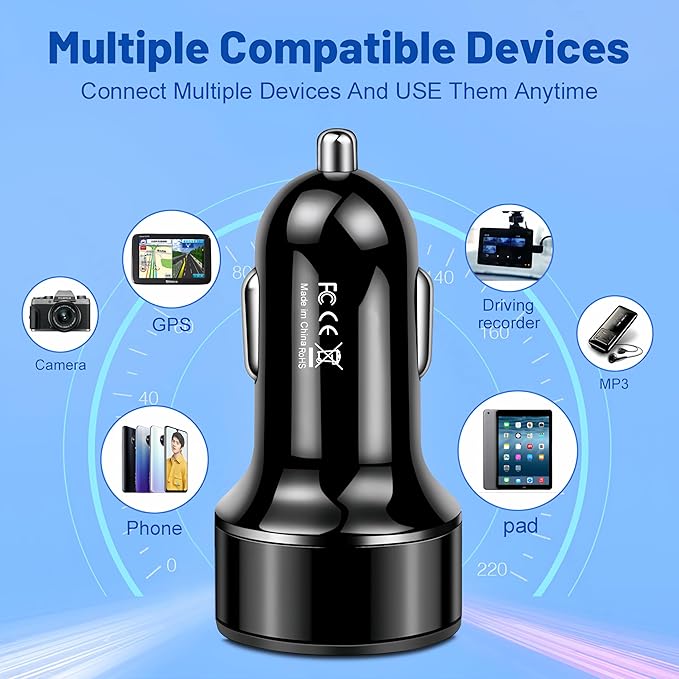 Car Charger Adapter, 4-Port Cigarette Lighter USB Charger Adapter with Voltmeter PD 3.0 & QC 3.0 Car USB Charger Multi Port Accessories Fast Charging for iPhone, Samsung, iPad & Phone Tablets