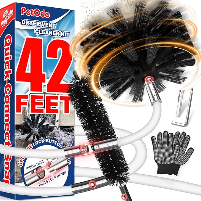 PetOde 42-Feet Dryer Vent Cleaner Kit, Lint Remover，Upgraded Flexible Quick-Snap Brush with Drill Attachment,Extends Up to 42 FEET for Easy Cleaning，Cleaning Tools Use with/Without a Power Drill