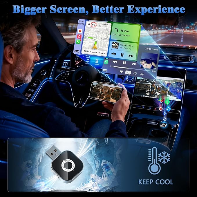 4-in-1 Wireless CarPlay Adapter for Apple CarPlay & Android Auto & AirPlay & MirrorLink, 2026 Upgraded Screen Mirroring Mini USB Adapter with Type-C Extension, Low Latency, Plug & Play