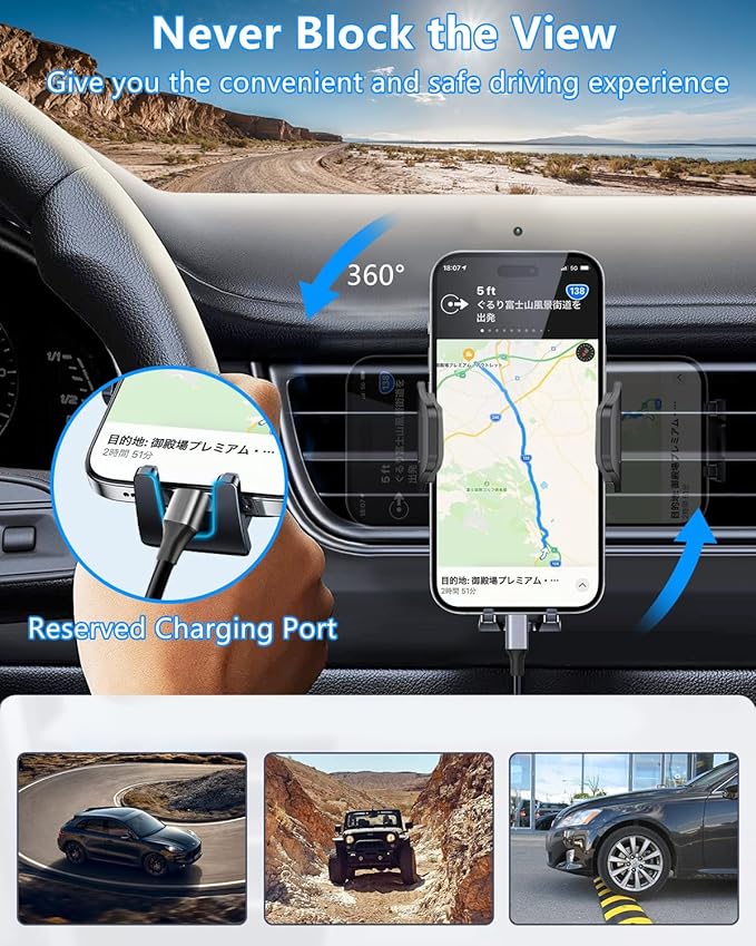 3 in 1 Car Phone Holder Charger Mount, 60W USB C Car Mount Charger Fast Charging for iPhone 14/13/12 + 4FT Type C Cable, Car Accessories, Air Vent Fast Charge Cell Phone Stand Car Mount for iPhone