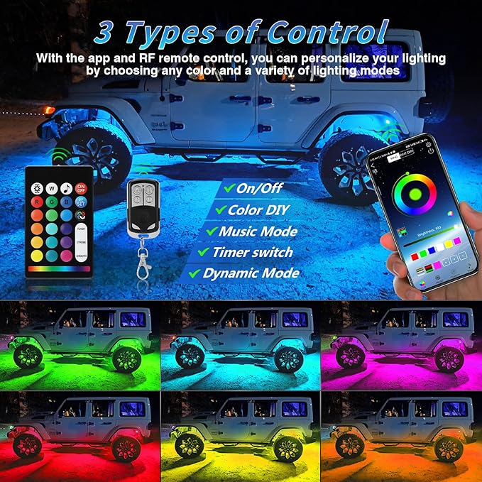 16Pods RGB LED Rock Lights Kit with APP/RF Remote Control Dual Zone Brake, Car Underglow Lights Multicolor Neon Underbody Light for Trucks Pickup Jeep Golf Cart SXS ATV UTV Off Road 12V