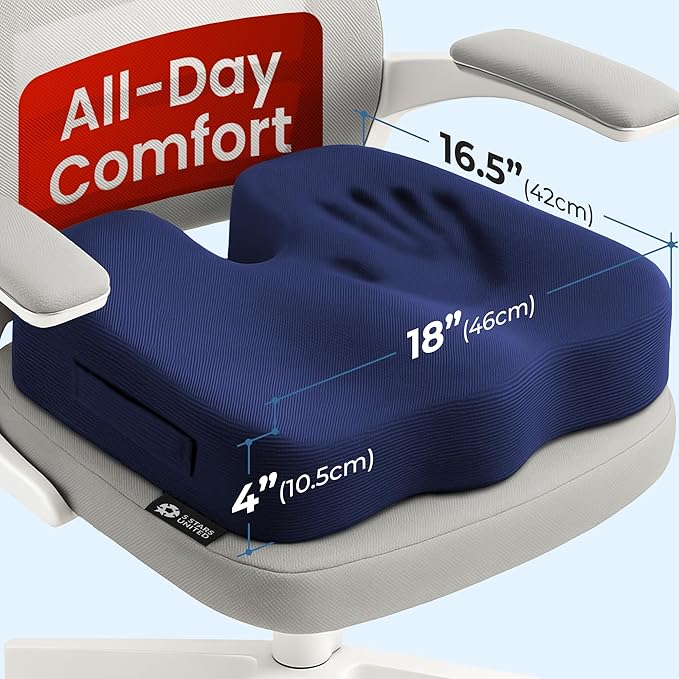 5 STARS UNITED Seat Cushion - Memory Foam Chair Cushion for Tailbone Pain Relief - Ergonomic Support for Coccyx, Sciatica & Butt - Office, Desk & Gaming Chair, Car Seat, Wheelchair, Airplane, Blue
