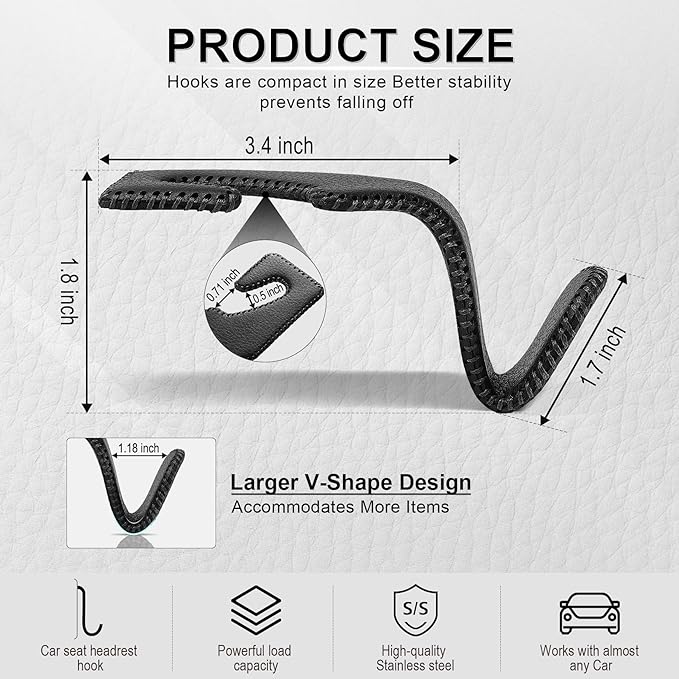 LivTee Headrest Hook for Car, Back Seat Organizer Black Leather Hanger Holder Hook, Interior Car Accessories for Hanging Purses Bags Coats, 4 Pack