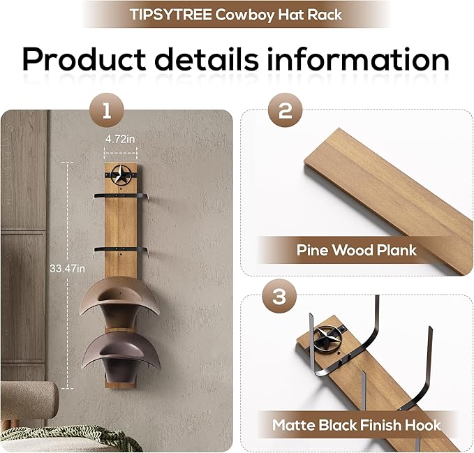 Hat Holder Rustic Wood Star Design – 2-Piece Organizer with Extra Wide Wooden Boards (12cm / 4.72"), 4-Hook Cowboy Hat Rack for Wall, Western Decor, Hat Storage Display Hanger