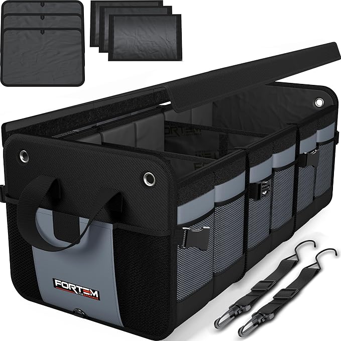 FORTEM Trunk Organizer For SUV Car Organizer and Storage, Multi-Compartment Storage Bag Car Accessories for Women Men, Perfect Christmas Gifts, 1680D Oxford, Non Slip Bottom, Straps, Soft Cover (90L)