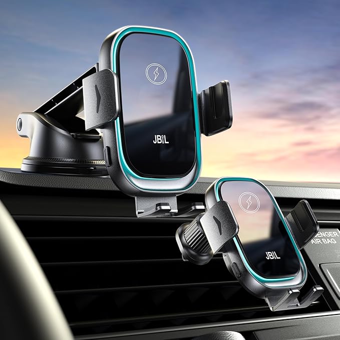 Wireless Car Charger, 3-in-1 Car Phone Holder Car Charger Phones Mount Windshield Dashboard Air Vent Fast Charging Cell Phone Holder with LED Light for iPhone Air Pro Max,Samsung S24/S23