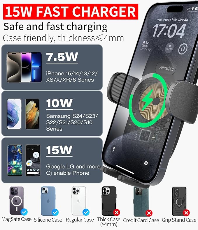 APPS2Car 15W Qi Wireless Car Charger Solid Cup Holder Mount, Adjustable Long Arm & 360° Rotation, Fits 3"–4" Round Cup Holders, Works with Cases ≤ 4 mm (No Metal Attachments)