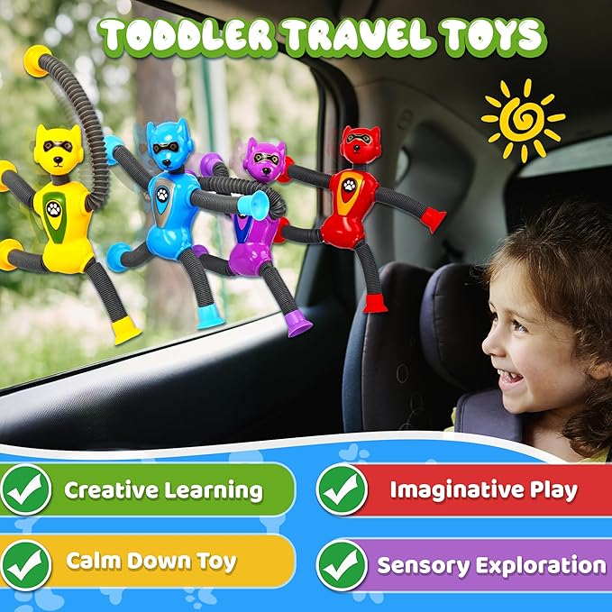 4PC Robot Dog Sensory Pop Tube Travel Toys for Boys Toddler Kid Airplane Car Toy Activities Autistic Road Trip Suction Tube for Boy 3 - 8 ADHD Autism Easter Basket Stuffers Valentine Gift