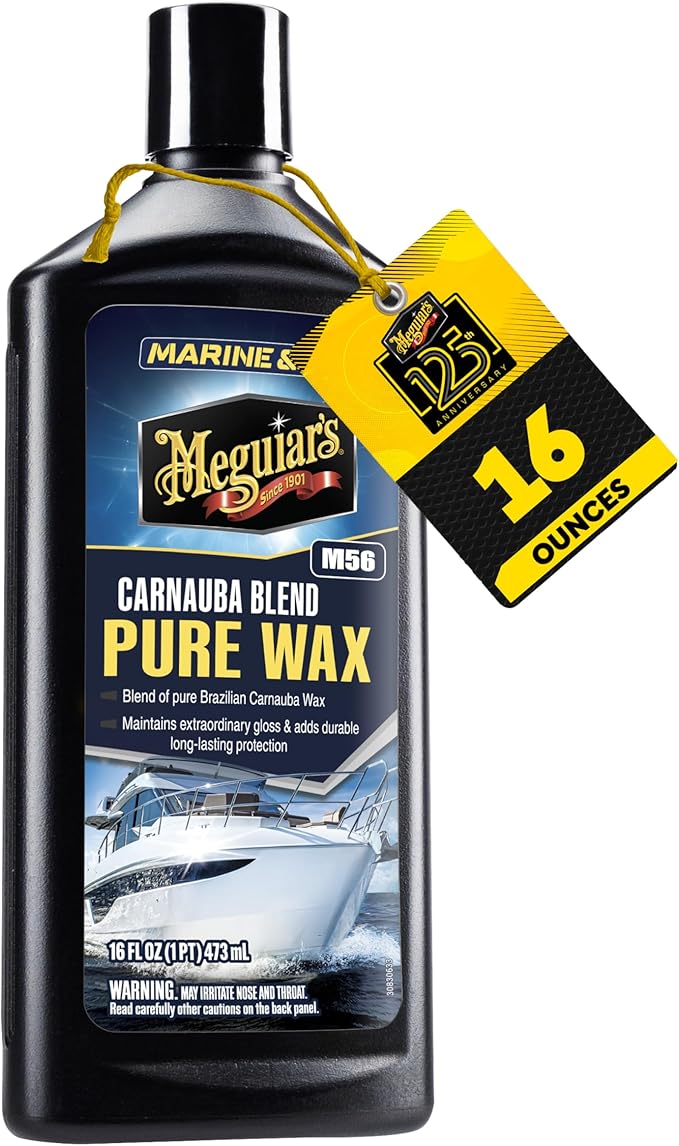 Meguiar's M5616 Marine/RV Pure Wax Carnauba Blend, Long-Lasting Liquid Wax for Protecting Gel Coat, Fiberglass, and Painted Marine/RV Finishes, 16 Oz Bottle