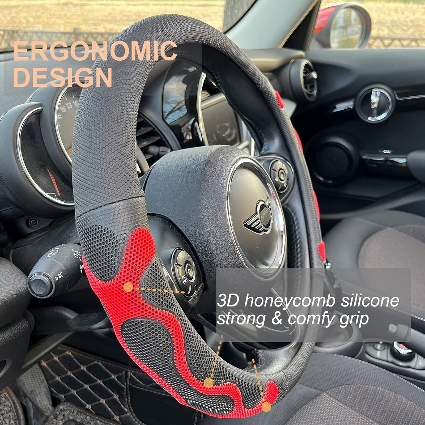 PINCTROT Comfy Grip Steering Wheel Cover, Anti-Slip Design, Universal 14.5-15 Inch(Silicone Red)