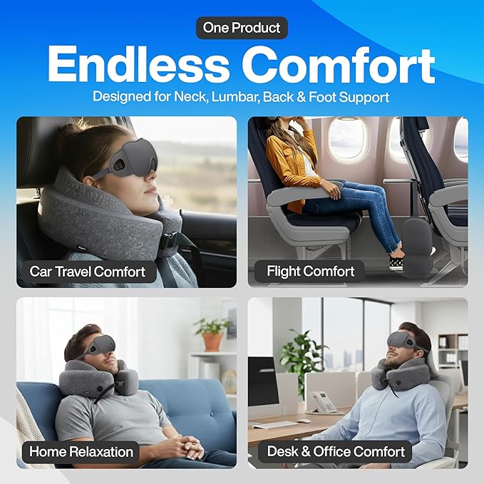 4-in-1 Travel Comfort Set Inflatable Neck Pillow, Convertible Lumbar Support & Foot Hammock, 3D Sleep Mask & Ear Plugs Complete Comfort Kit for Airplane, Office & Car Gift-Ready (Gray)