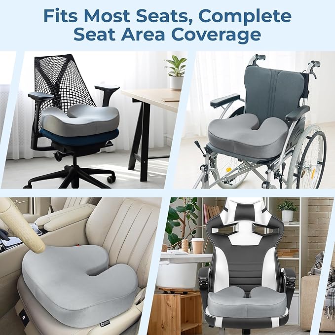 5 STARS UNITED Seat Cushion - Memory Foam Chair Cushion for Tailbone Pain Relief - Ergonomic Support for Coccyx, Sciatica & Butt - Office, Desk & Gaming Chair, Car Seat, Wheelchair, Light Gray Suede