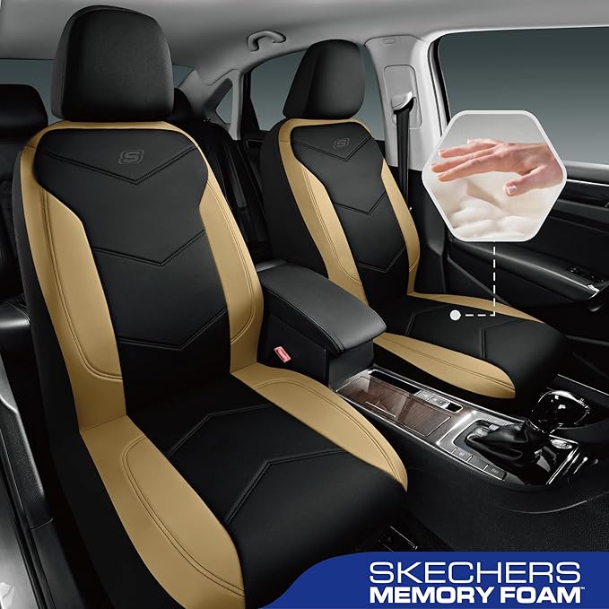 Skechers Memory Foam Seat Covers,Leather Car Seat Covers, Ultimate Comfort & Support Seat CoversFull Sets,Airbag Compatible, Automotive Universal Fit Most for SUVs, Vans, Sedans, Cars, Trucks,Beige