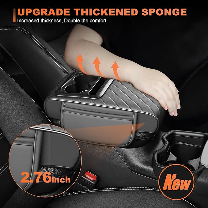 Center Console Cover Fit for Kia Forte 2010-2024 with 2 Storage Bags Waterproof Leather Quilted Pattern Car Armrest Cover Cushion Elevating Pad Anti-Slip(Grey)
