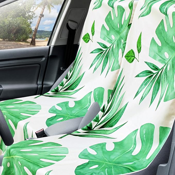 2 Pack Car Seat Towel Covers with Storage Bag 63 x 32 Inch Athletic Running Towel Seat Sweat Washable Non Slip Cover Gift for Car Outdoor Sport Activities (Monstera Lime)