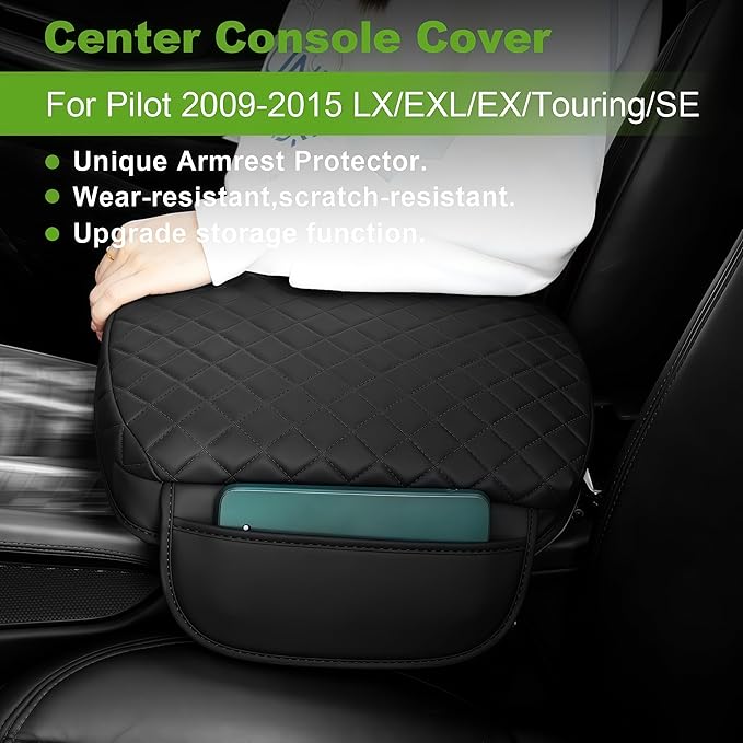 Armrest Cover for Honda Pilot Center Console Pad with Organizer Storage Pockets, Black Faux Leather Arm Rest Lid Protector Cushion Interior Accessories (2009-2015)