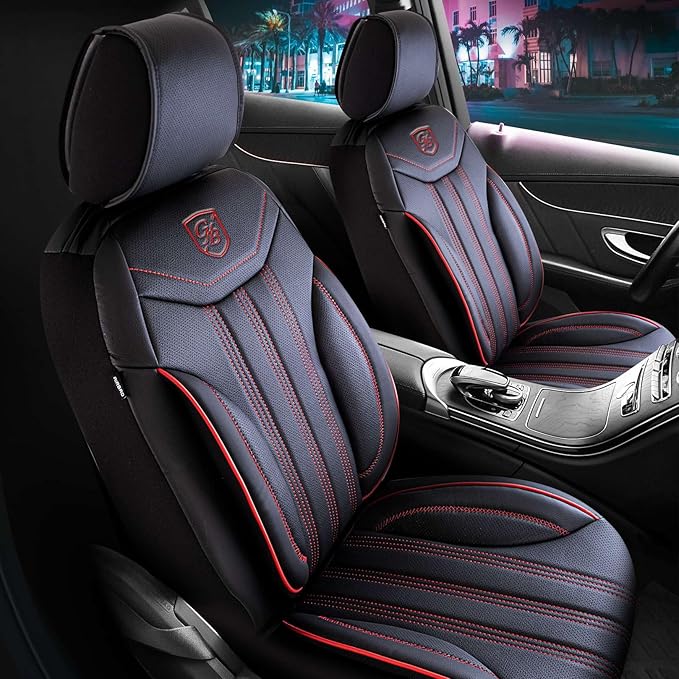 Premium Car Seat Covers Front Seat - Nappa Leather Car Seat Cover for SUV, Cars, Most Pickups, Black-Red Stitching, Car Seat Protector, Car Seat Covers Front Seats, Car Seat Protector