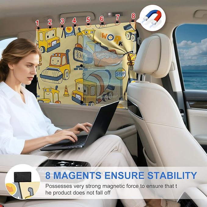 Car Window Shades with 8 Magnets-26.8"x19.7" Car Rear/Side Window Sunshade for Baby Semi-Transparent 2-in-1 Universal Auto Sun Shade for Kid & Pet Protection (2 Pack) Construction Vehicle Cartoon