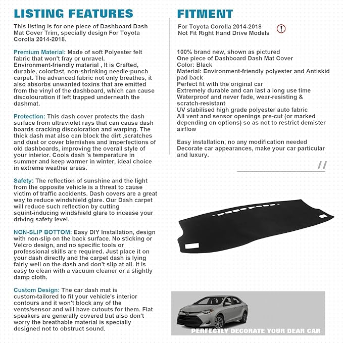 x xotic tech Center Console Dashboard Mat Pre-Cut Non-Slip Sunshield Sun Glare Protector Dash Carpet Pad Black Cover Compatible with Toyota Corolla 2014-2018