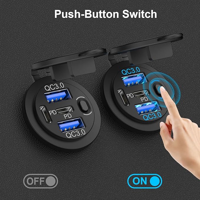78W 4 Port 12V USB Outlet Car Charger, Super Fast Dual PD3.0 & QC3.0 Multiple USB Port for Car, USB C Cigarette Lighter Replacement 12 Volt Socket Waterproof for Marine Boat Motorcycle RV Golf Cart
