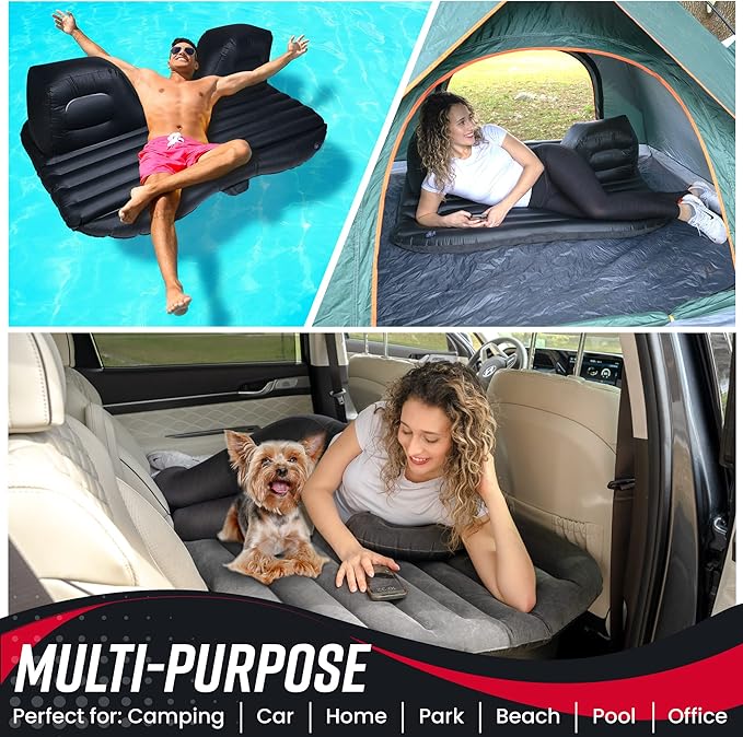 VaygWay Inflatable Car Air Mattress – Air Bed w/Pump Kit –Back Seat – Camping Vacation Blow up Bed Cushion - Sleeping Pad w/ 2 Pillows- 2 Pk Inflatable Car Mattress with Neck Pillow and Ear Plugs