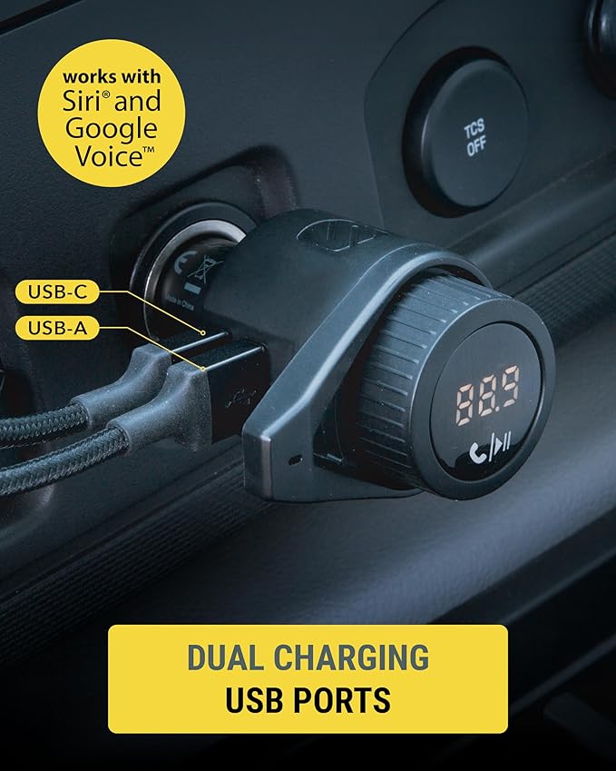Scosche BTFM9 FM Bluetooth Transmitter Car, Dual 12W USB-C and USB-A Charging Ports, Fast Type C Car Charger, Wireless Radio Bluetooth Adapter, Hands-Free Kit for Calls, Siri and Google Assistant