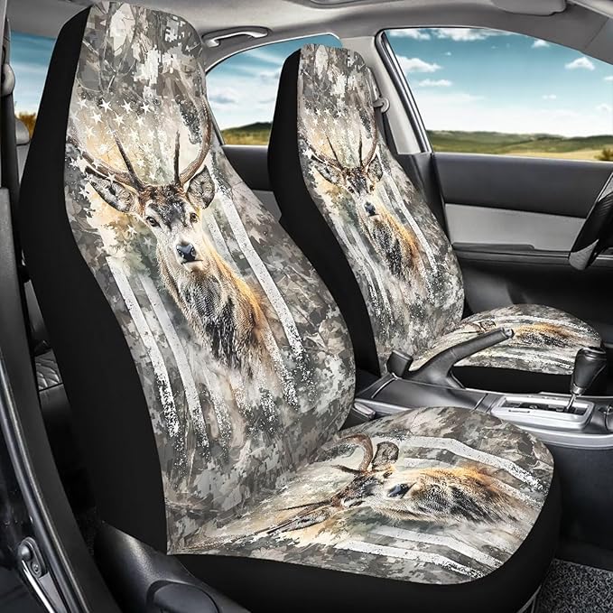 KEIAHUAN Car Seat Cover Full Set of 4 for Men Front Saddle Blanket Rear Split Bench Protection Cover Car Interior Accessories Decoration Fit Most Trucks, SUV or Vans American Flag Camo Deer Hunting