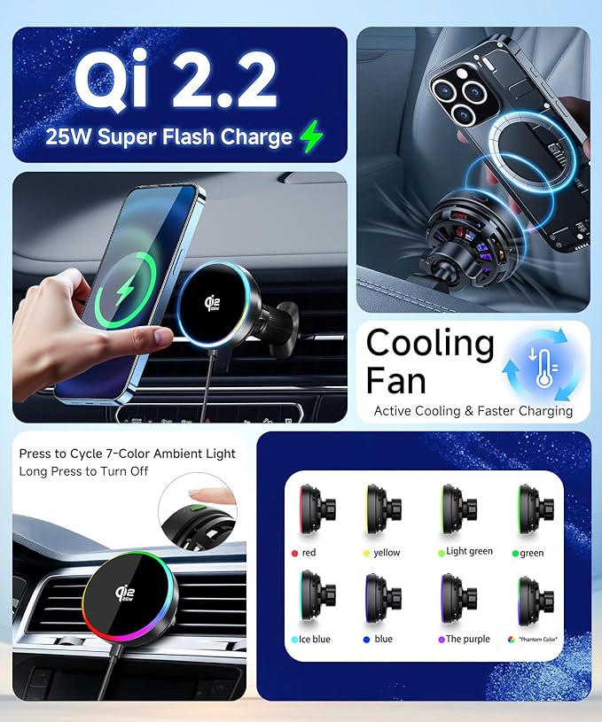 Dual Cup Phone Holder for Car,Holds 2 Phones Simultaneously,Qi2.2 Max 25W Fast Wireless Car Charger Phone Mount,Cup Mount,Compatible with MagSafe ＆ 4.0-7.0 Inch Smartphones