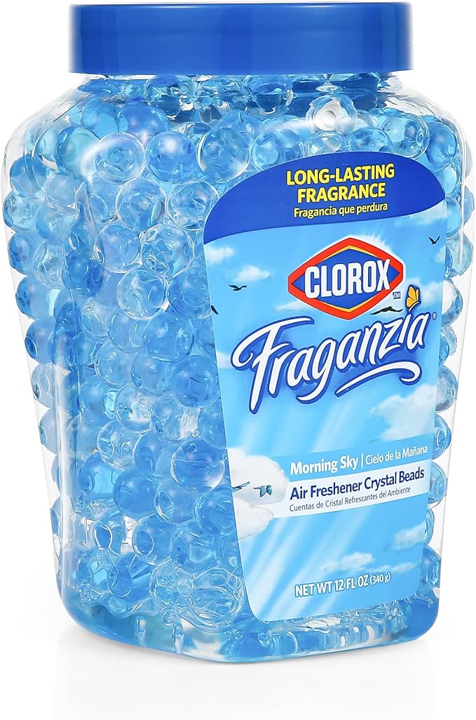 Clorox Fraganzia Crystal Beads Air Freshener, Long Lasting Room Deodorizer and Odor Eliminator Gel Beads to Freshen Home, Car, or Office, Morning Sky Scent, 12 Fl Oz