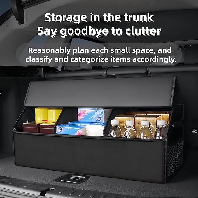 Car Organizers for Trunk for Suv Sedan, Leather Storage Box,Extra Large,Magnetic Lid,Collapsible and Adjustable, Collapsible Suede velvet， Black