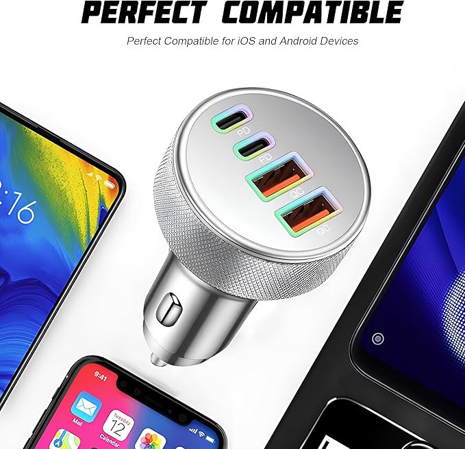 4 in 1 USB C Car Charger, 4-Port 90W PD QC Dual USB C & USB A Vehicle Fast Charging Cigarette Lighter Adapter, Multiport Auto Phone Charge Adapter, Fits 16 15 14 Pro Max Tablet (Silver)