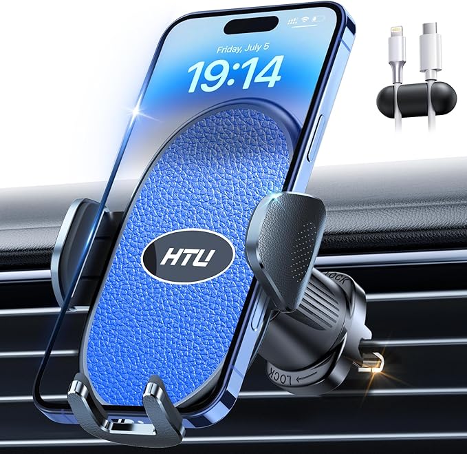 HTU 【Military-Grade Car Phone Holder,【Strongest & Longest Steel-Hook】 Car Vent Mount, Handsfree 360° Adjustable Automobile Cradle Air Clip Stand for iPhone 17 16 15 14 Pro Max Samsung (Light Blue)