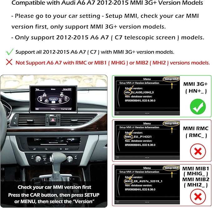 Wireless CarPlay Android Auto Mirroring Upgrade Retrofit Kit, USB Stick Playback, Compatible with Audi A6 A7 C7 2012-2015 with MMI 3G+ Version