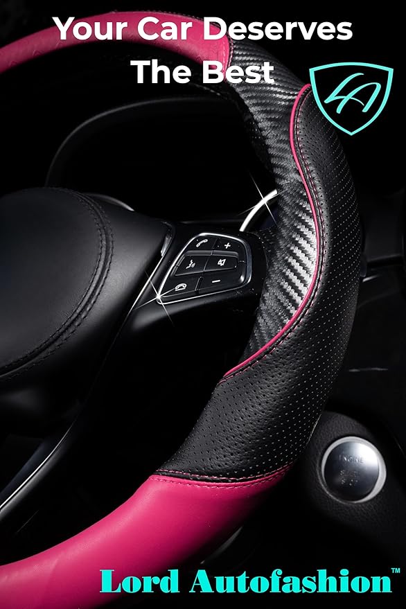 Lord Autofashion Steering Wheel Cover – PU Leather, Non-Slip Rubber Inner, All-Season Comfort – 14.5–15 Inch (Black/Pink 7685)